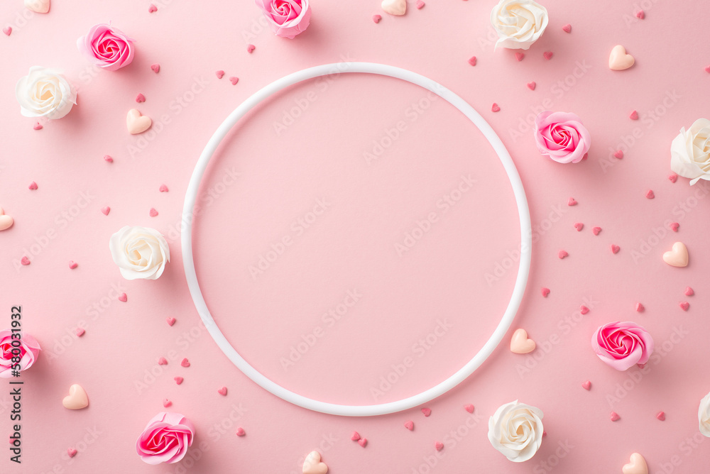 Mother's Day concept. Top view photo of empty circle small roses hearts and sprinkles on isolated pastel pink background with copyspace