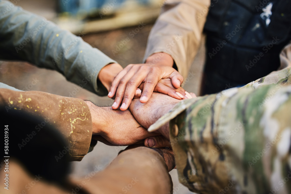 Mission, paintball team or hands in huddle for goals, hope or soldier training on war battlefield. Friends, collaboration or army people with support in partnership or military group solidarity - obrazy, fototapety, plakaty 