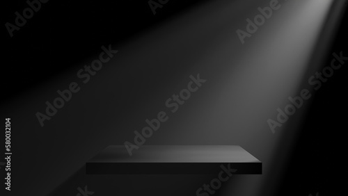 暗い背景に四角の黒い台座、棚。スポットライト。ゴッドレイ。背景素材。（横長） photo