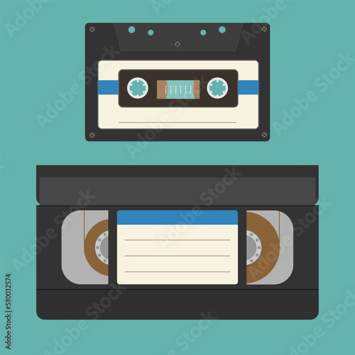 illustration of vhs cassette and audio cassette retro tech 90s 80s nostalgia