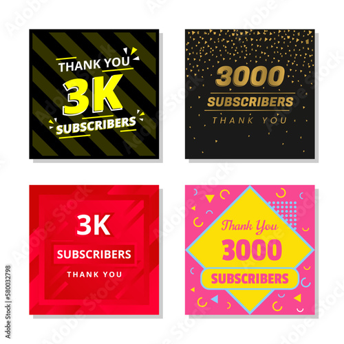 Thank you 3k subscribers set template vector. 3000 subscribers. 3k subscribers colorful design vector. thank you three thousand subscribers