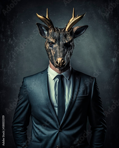 generative ai illustration of businessman dressed in suite with high detailed animal head