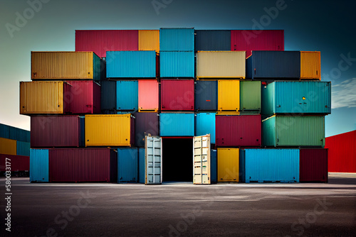 Stack of colorful Containers in port. Sea cargo Freight Shipping of Container Logistics Industry. Nautical Transport Distribution Yard, Business Commercial Dock. AI.