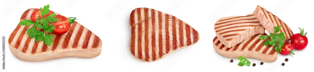 Tuna fish steak grilled isolated on white background with full depth of field, Top view. Flat lay. Set or collection Tuna fish steak grilled isolated on white background with full depth of field, Top view. Flat lay. Set or collection