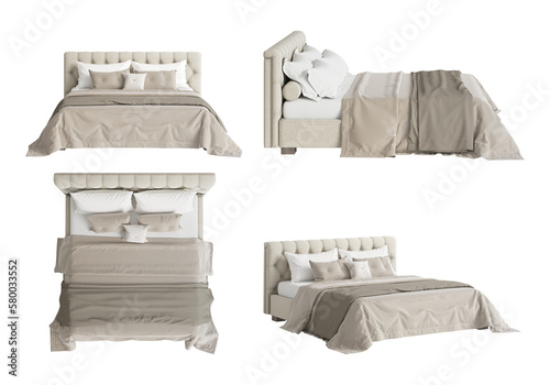 A set of four views of a beige bed with pillows, textile headboard, and blanket. Top view, perspective view, front view, side view. 3d render