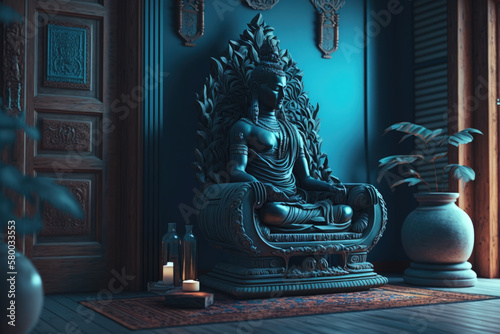 Meditation space: Blue interior with Buddha and other meditation equipment in a calm atmosphere | Generative AI Production