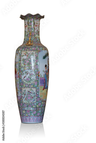 front view antique large ceramic vase on white background, object, decor, fashion, gift, home, house, copy space