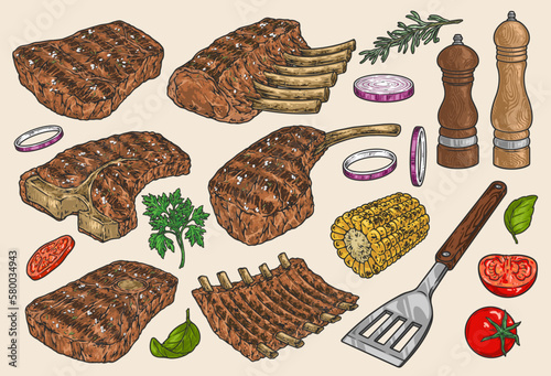 Grill steaks stickers set colorful