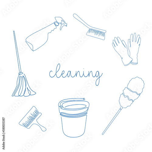 Background of cleaning equipment. Vector illustration isolated on a white background. Cleaning tools in one line
