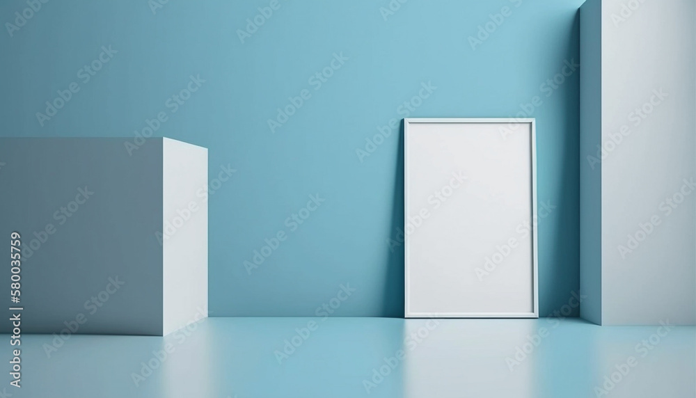 Fototapeta premium Baby blue background with a podium and white frame blank poster mockup on the floor. Generative AI