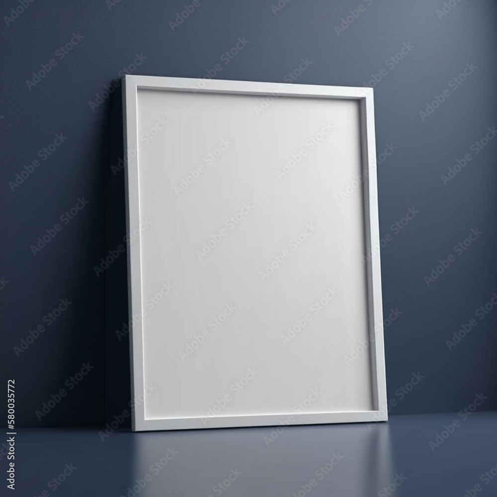 Blank poster mockup frame, deep blue or navy background, with a glossy texture and straight edges. Generative AI Blank poster mockup frame, deep blue or navy background, with a glossy texture and straight edges. Generative AI