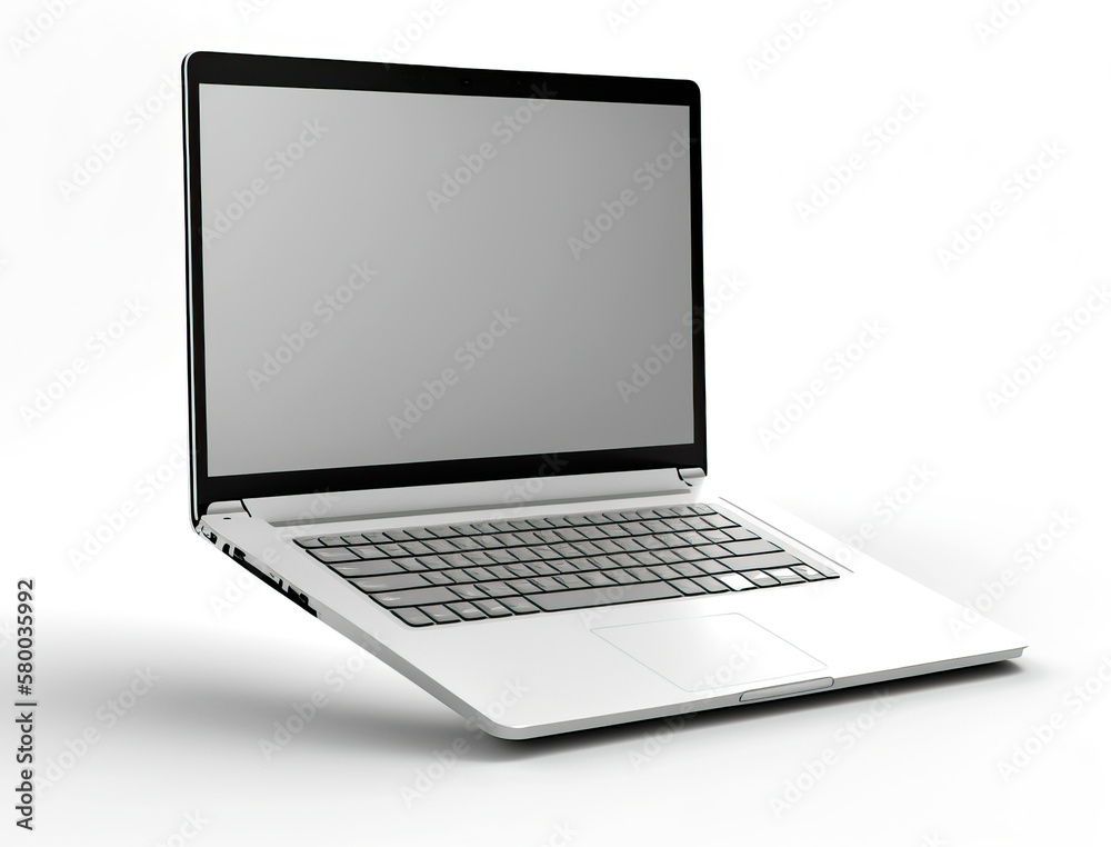 Overhanging aluminum laptop with a blank screen and a new design, on a white background. generative AI Overhanging aluminum laptop with a blank screen and a new design, on a white background. generative AI