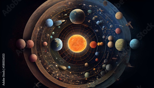 An intricate illustration of the solar system, with all the planets and their moons in orbit. Generative AI photo