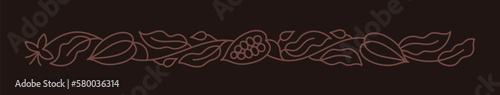 Cocoa bean horizontal line ornament. Chocolate pack background. Beans and branches leaves. Vector editable outline stroke.