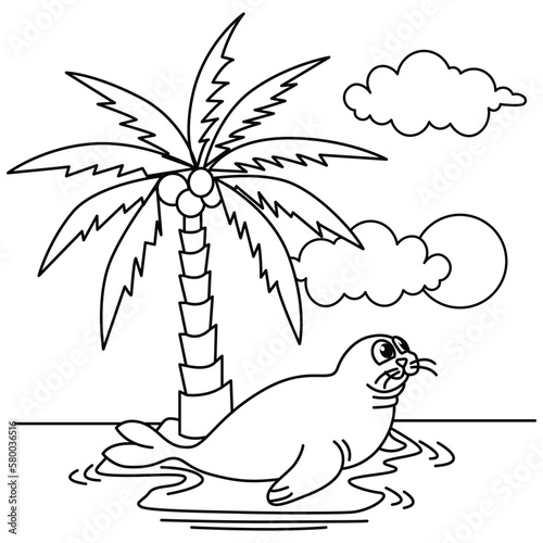 Funny walrus cartoon characters vector illustration. For kids coloring book.
