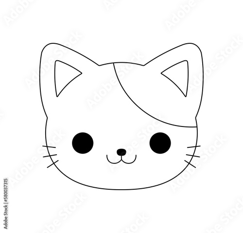 Vector isolated cute cartoon funny cat kitten head mask muzzle spot on ear colorless black and white contour line easy drawing