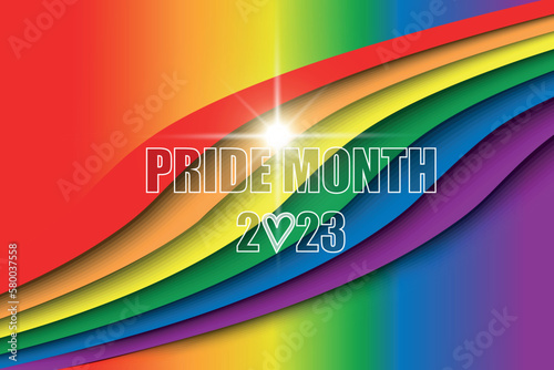 Pride Month 2023 Text. 3D abstract Wave rainbow LGBT spectrum flag background. Paper cut design. Waves of rainbow colors web banner template. Pride Month vector illustration