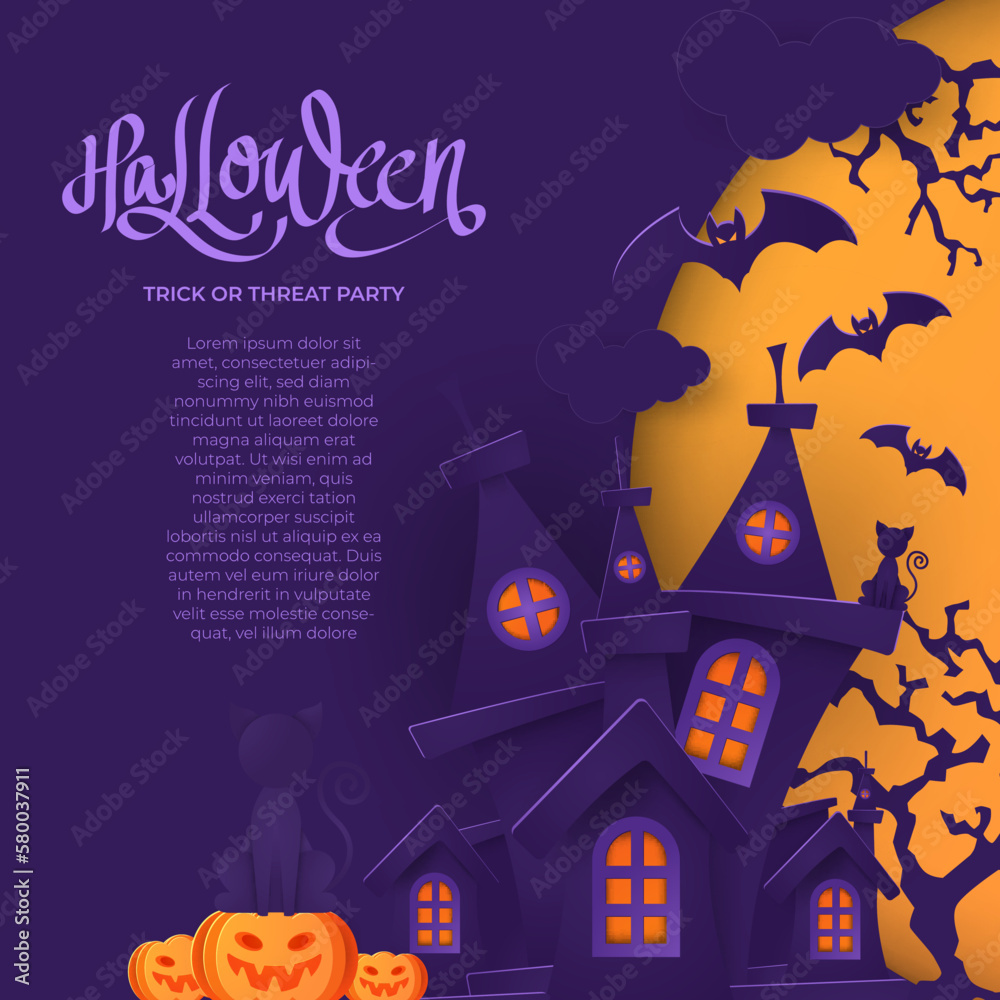 Halloween pumpkins and dark castle on Moon background, illustration.