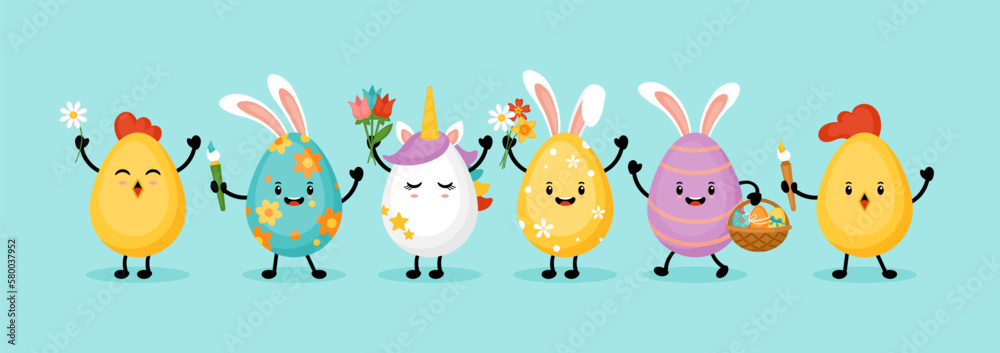 Fototapeta premium Easter holiday banner design with eggs bunny, chick and unicorn funny cartoon characters. Vector illustration
