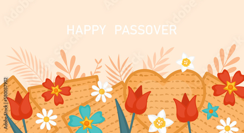 Passover  holiday banner design with matzah and spring flowers. Vector illustration
