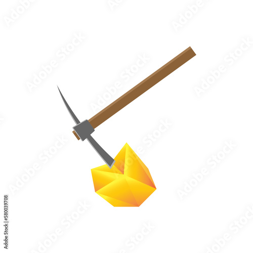 Wooden pickaxe and gold nugget vector illustration.