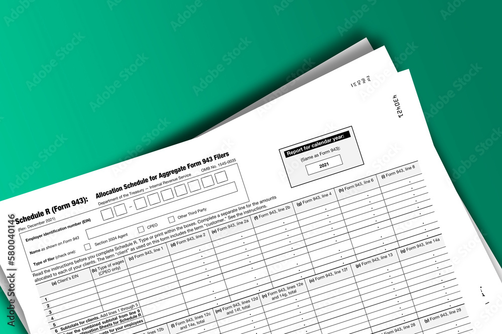 Form 943 (Schedule R) documentation published IRS USA 11.24.2021. American tax document on colored Form 943 (Schedule R) documentation published IRS USA 11.24.2021. American tax document on colored
