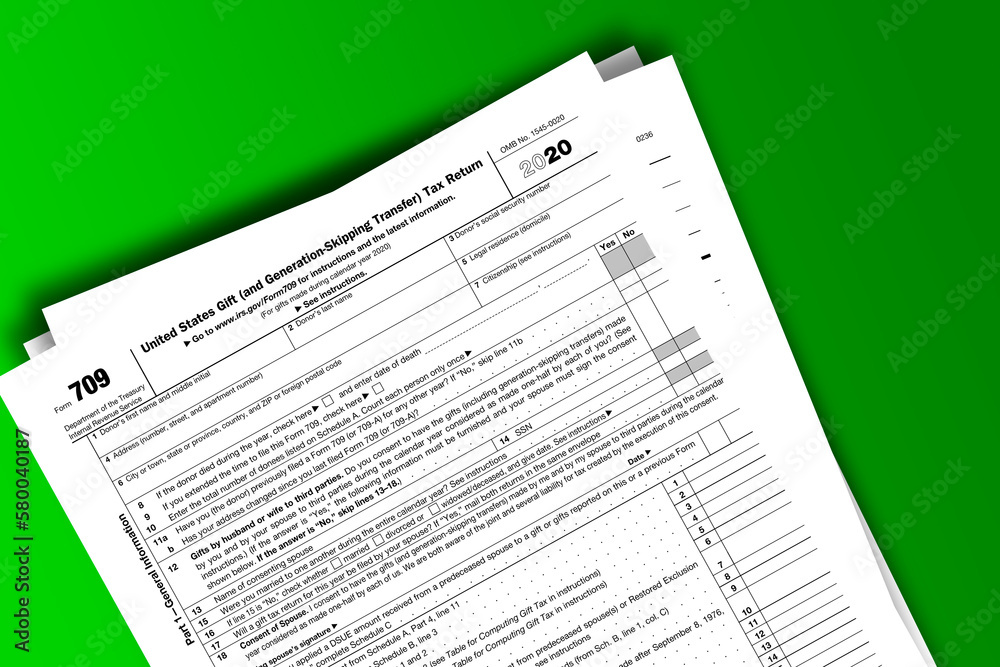 Form 709 documentation published IRS USA 44055. American tax document on colored Form 709 documentation published IRS USA 44055. American tax document on colored