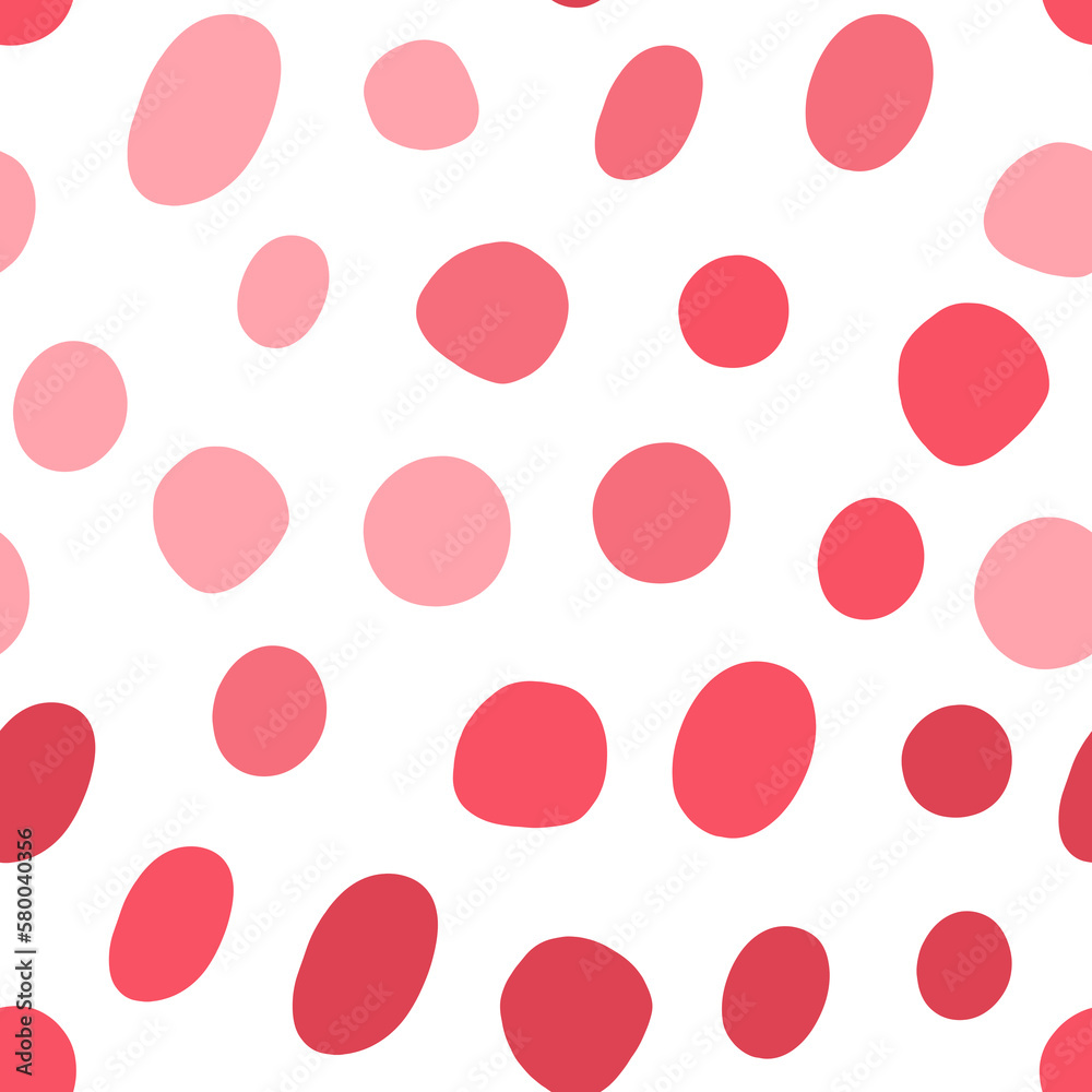 Pink ovals seamless pattern. Random size monochrome red dots on white background. Circle allover print