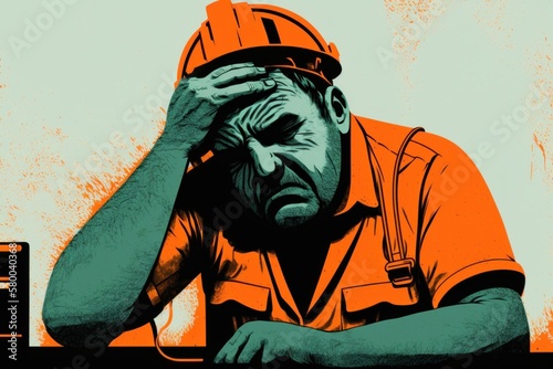 Stressed Construction Worker with Headache
