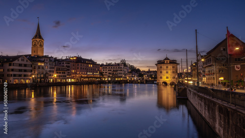 View from the Munster bridge in Zurich over the Limmat river in the evening © Margitta
