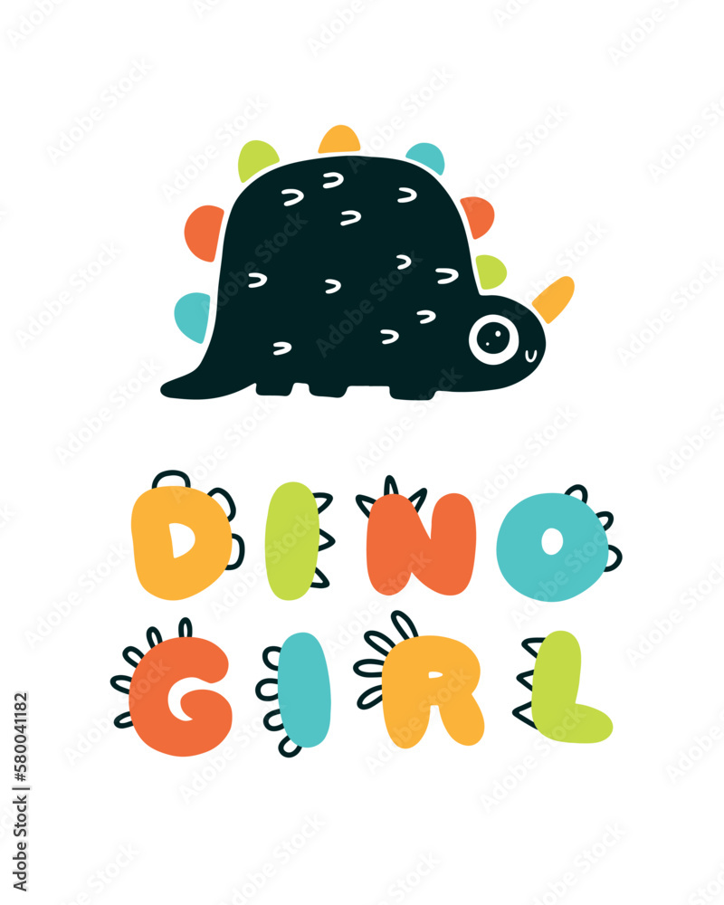 Obraz premium Girl Dinosaur vector illustration in flat dino cartoon scandinavian style with lettering. Childish design for birthday invitation or baby shower, poster, clothing, nursery wall art and card.