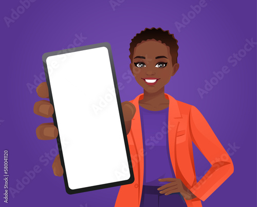 Young African American woman bright colors clothes showing blank violet screen on green background vector illustration 
