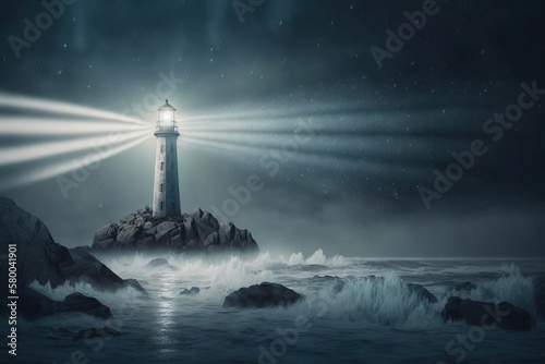 Leadership concept. Lighthouse in the stormy ocean at night leading the way