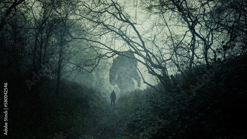 A dark, atmospheric concept of a huge bigfoot monster. Silhouetted in a forest. With a person looking up at them. On a spooky, foggy winters day.