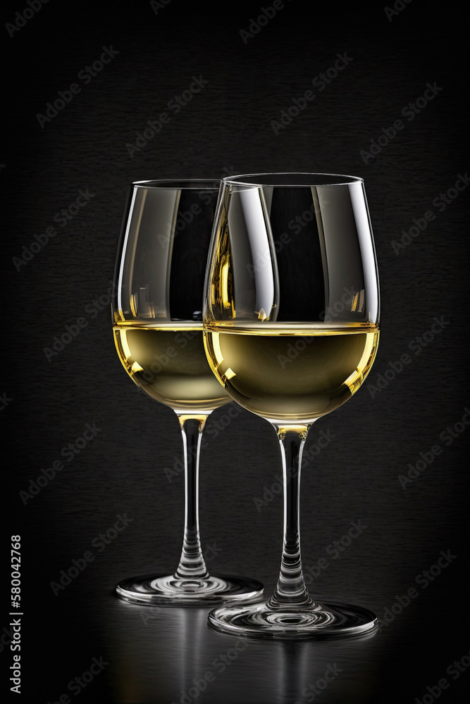 Glasses of white wine on black background - Generative AI Glasses of white wine on black background - Generative AI