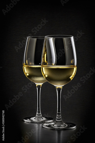 Glasses of white wine on black background - Generative AI