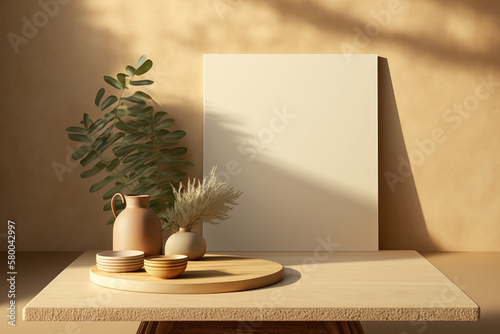  Shot of blank whiteboard mockup on beige stucco background in photography