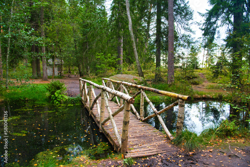 Birch small bridge in the forest  Park Mon Repos  Vyborg  Russia