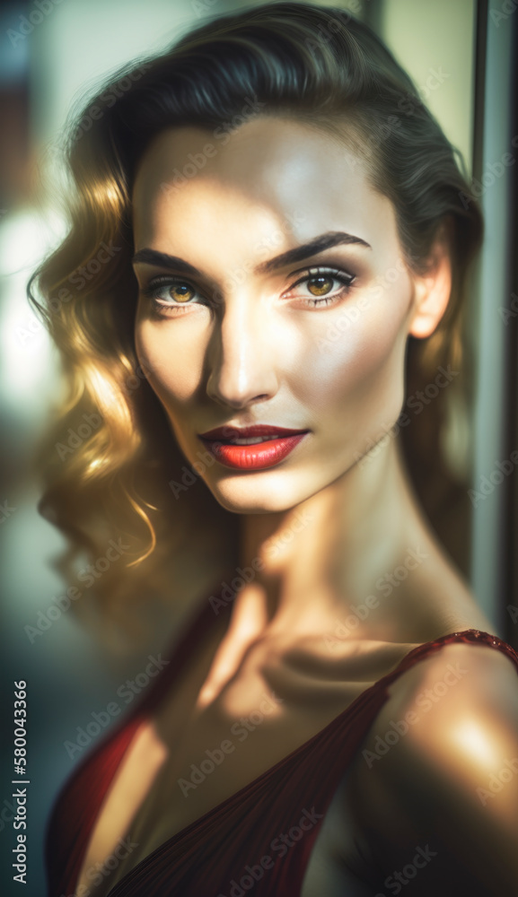Beautiful female model with a chic haircut and fashionable clothes stands confidently, radiating elegance and selfconfident in a captivating portrait perfect for commercial or editorial use Beautiful female model with a chic haircut and fashionable clothes stands confidently, radiating elegance and selfconfident in a captivating portrait perfect for commercial or editorial use