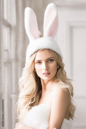 Beautiful female model with acute bunny ears wearing a stunning dress in her apartment, radiating elegance and selfconfident in a captivating portrait perfect for commercial or editorial use