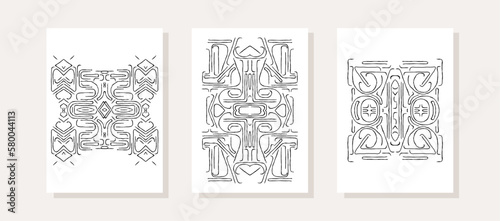 Posters with abstract symmetrical ornament. Surreal pattern of linear elements. Decorative frames. Vector template