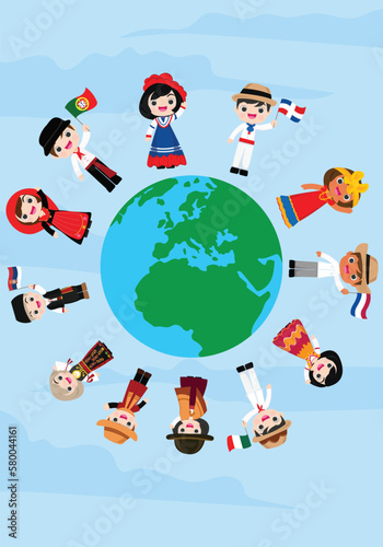 people national characters on earth, multiculturalism, traditional folk costumes.Different cultures stand