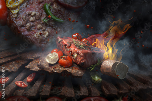 Steak on the grill with flames and smoke, close-up. Generative AI technology.