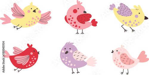 Love birds. Set of cute birds with hearts. Vector illustrations for postcards