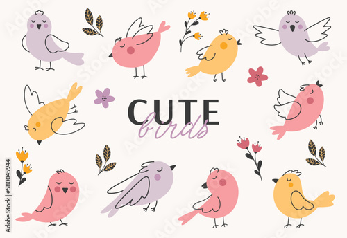 Colorful vector spring birds set. Cute birds in different positions. 