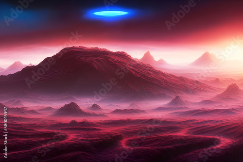 Landscape of an alien planet. Space wallpaper banner background. Created with generative Ai technology.