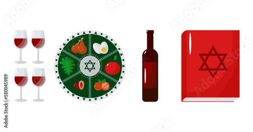 Jewish holiday Passover, Pesach, traditional icons and symbols. Vector illustration