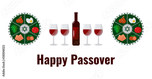 Jewish holiday Passover, Pesach, traditional icons and symbols. Vector illustration