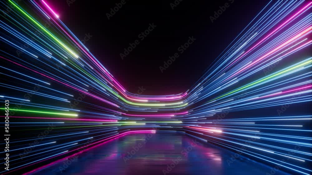 cycled 3d animation. Abstract neon background with colorful glowing lines appear on the left side, sliding right and fade away. Futuristic animated wallpaper