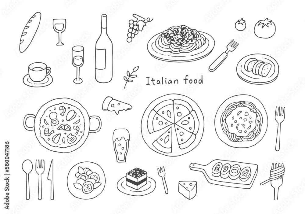イタリアン料理の手描きイラストセット（モノクロ）